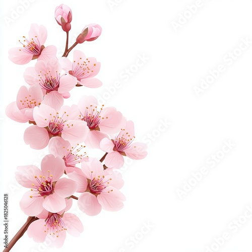Delicate pink cherry blossoms on a branch against a white background.