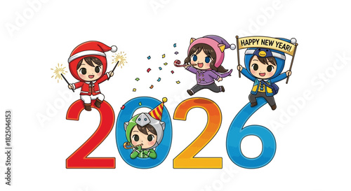 Cute cartoon children celebrate New Year 2026 with sparklers, confetti, and festive hats, spreading joy for the upcoming year