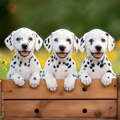 Three playful Dalmatian puppies peeking over a wooden fence with cheerful expressions.