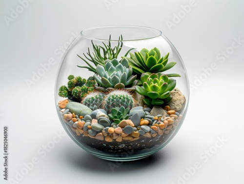 A glass terrarium filled with various succulent plants and decorative stones.