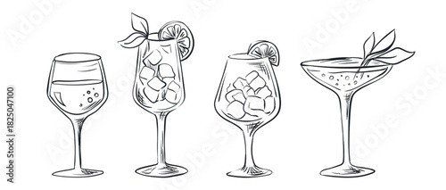 Hand-drawn doodles cocktails. Perfect for restaurant menus, kitchen decor, or culinary design projects. Vector sketch illustration