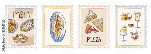 Hand-drawn Italian postcards with lemon, pasta, cocktails, and Mediterranean food. Vintage doodle artwork perfect for summer menus, coastal designs, or Amalfi wedding invitations. Vector illustration