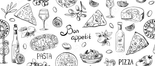 Seamless food pattern showcasing Italian culinary traditions. Hand-drawn doodles of pizza, pasta, cheese, and fresh Mediterranean ingredients for restaurant or recipe design. Vector illustration