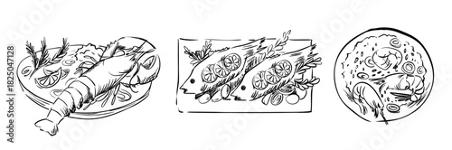 Hand-drawn Italian food doodle border frame with wine bottles, lemons, pasta, and Mediterranean dishes. Perfect for restaurant menus, kitchen decor. Vector sketch illustration