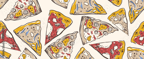 Hand-drawn doodle pizza seamless pattern featuring food sketches with slices, Italian cuisine elements for modern design projects. Vector background