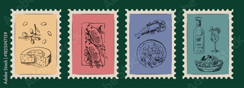 Hand-drawn Italian postcards with lemon, pasta, cocktails, and Mediterranean food. Vintage doodle artwork perfect for summer menus, coastal designs, or Amalfi wedding invitations. Vector illustration