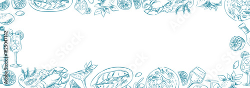 Hand-drawn Italian food doodle border frame with wine bottles, lemons, pasta, and Mediterranean dishes. Perfect for restaurant menus, kitchen decor. Vector sketch illustration