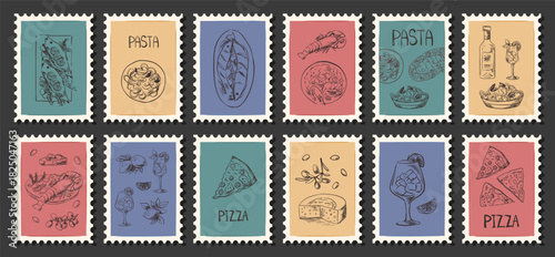 Hand-drawn Italian postcards with lemon, pasta, cocktails, and Mediterranean food. Vintage doodle artwork perfect for summer menus, coastal designs, or Amalfi wedding invitations. Vector illustration