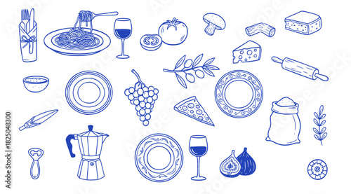 Italian cooking ingredients doodle vector set. Hand drawn pasta fork, flour sack, vegetables and moka pot. Blue sketch illustrations for food preparation and kitchen menu