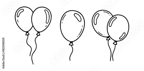 Party balloons doodle vector set. Hand drawn floating air balls for celebration. Black and white sketch illustrations for birthday, carnival and holiday decoration