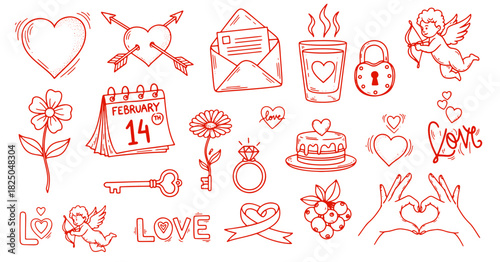 Valentine's Day red doodle vector set. Hand drawn cupid, heart, ring and calendar. Sketch illustrations for romantic holiday, wedding design and love cards