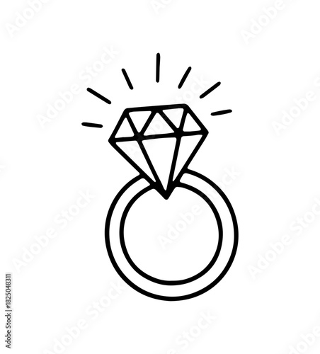 Diamond engagement ring doodle vector icon. Hand drawn jewelry with shine. Black and white sketch illustration for wedding proposal, luxury and fashion accessory