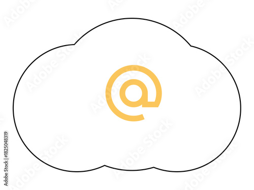 Digital communication, cloud storage, internet email services, data management, technology infrastructure, online connectivity. A yellow at symbol inside a cloud outline. Internet email services