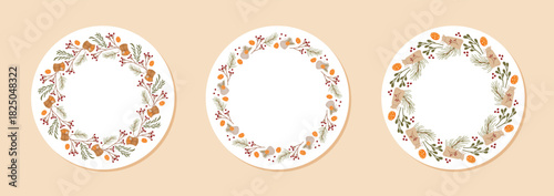 Set of flat round wreath decoration with xmas garland and branch, pine and berry in circle. Christmas box kraft gift in ornament style, natural decor for rustic winter holiday concepts.