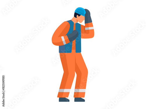Occupational health, workplace safety, fatigue, job stress, labor challenges, construction site issues. Male worker in safety gear holding head. Occupational health and workplace safety concept