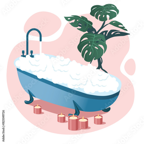 Relaxing Spa Moment with Foam Bath and Candle. Self Care Vector Illustration
