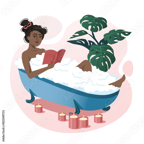 Relaxing Spa Moment with Woman in Foam Bath and Candle Wellness Self-Care Illustration