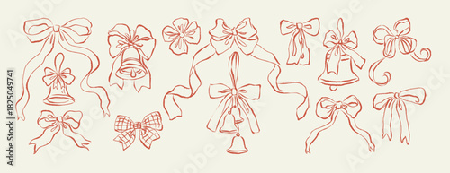 Christmas bow and bell hand-drawn set. Whimsical vintage Xmas decor for greeting card, party invitation, Holiday decorations, and gift wrap. Vector doodle charcoal sketches of a ribbon bow and bells.