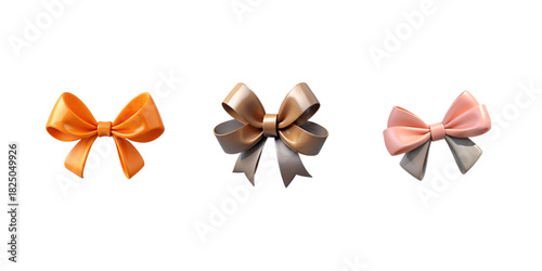Three realistic satin ribbon bows isolated on transparent background. Rich color palette: vibrant orange, luxurious bronze-gold, soft dusty rose-pink. Glossy fabric texture with gentle folds.