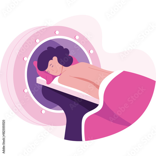 Woman Undergoing Magnetic Resonance Imaging Scan in a Medical Facility With Pink and Purple Tones and Soft Lighting