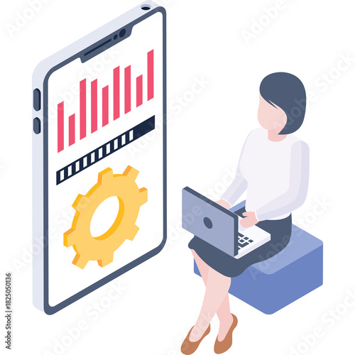 Woman Using Laptop Next To Large Smartphone Displaying Bar Graph and Gear Icon On Transparent Background
