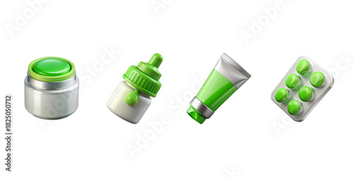 Isolated green medical icon set including glass medicine jars, cosmetic cream container, blister pack with green pills, green tube ointment rendered in glossy 3D style.