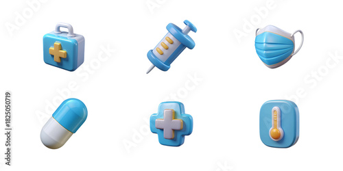 Isolated blue medical icon set including syringe, blue-white capsule, protective face mask, medical kit with yellow cross, digital thermometer and blue cross badge, rendered in detailed glossy 3D styl