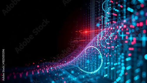 Fototapeta Naklejka Na Ścianę i Meble -  digital matrix wave curve particle in neon dynamic flow stream landscape