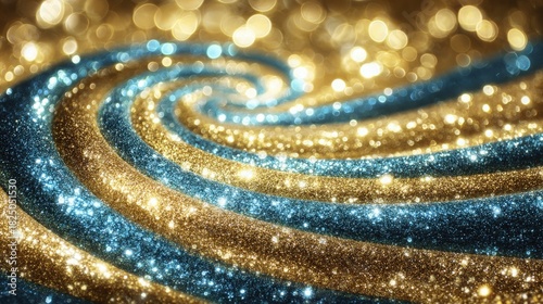 Shimmering lines of blue and gold glitter swirl together, creating an enchanting pattern that catches the light beautifully. The vibrant colors blend smoothly, adding depth to the scene.