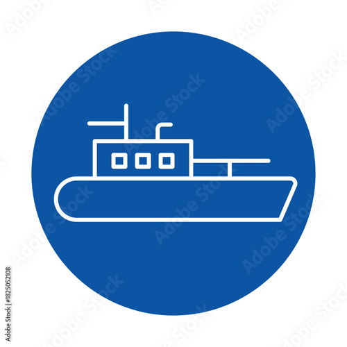 Simplistic Icon of a Tugboat on a Blue Circle Background