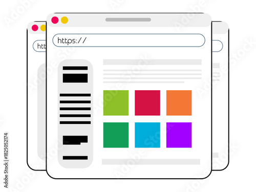 Web design, user interface, online browsing, internet navigation, digital content, software development. A browser window with an address bar and colorful grid layout. Web design and user interface