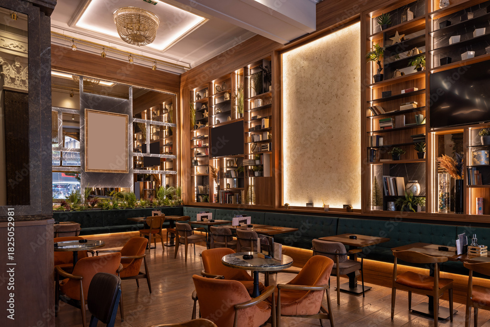 Fototapeta premium Stylish double-level restaurant featuring wooden décor, chandeliers, and warm ambient lighting