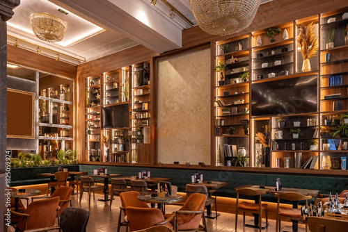 Coffee shop with modern design, velvet seating, and wooden accents