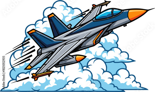 Cool Cartoon Fighter Jet Plane Soaring in Clouds Vector