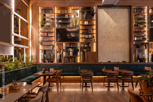 Restaurant interior featuring wooden furniture, soft lighting, and timeless design