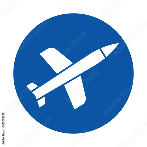 Blue Circle Icon with White Missile Silhouette on Digital Background