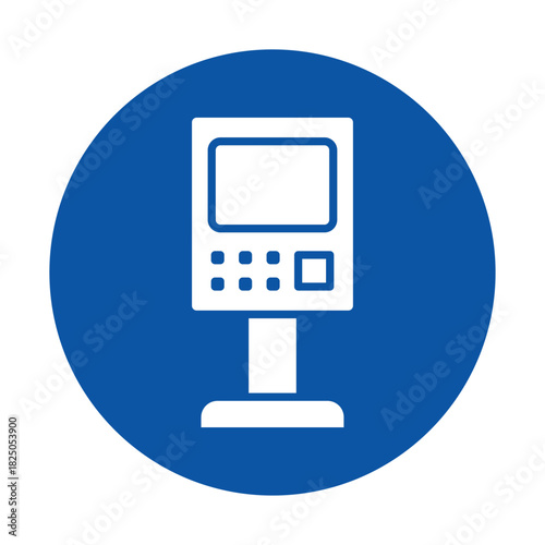 White Icon of a Payment Kiosk on a Blue Circle Background