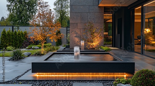 Modern Garden With Illuminated Water Features And Contemporary Architecture Image