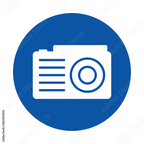 Blue Circle Icon Featuring a Simple White Camera and Document Illustration