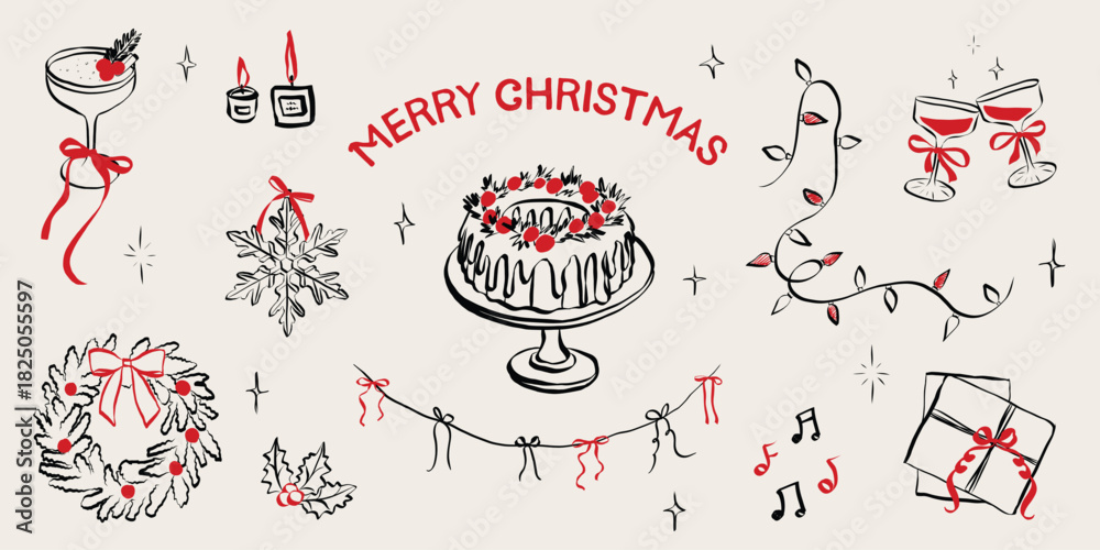 Obraz premium Vintage chalk-style Christmas celebration sketch with festive table, champagne glasses, wrapped gifts, holiday decorations, and charming hand-drawn winter dinner elements