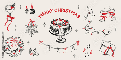 Vintage chalk-style Christmas celebration sketch with festive table, champagne glasses, wrapped gifts, holiday decorations, and charming hand-drawn winter dinner elements