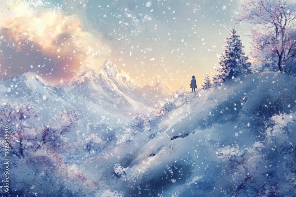 Naklejka premium Winter snow covers mountain landscape at sunset with person standing on slope, trees and sky in background, peaceful outdoor atmosphere