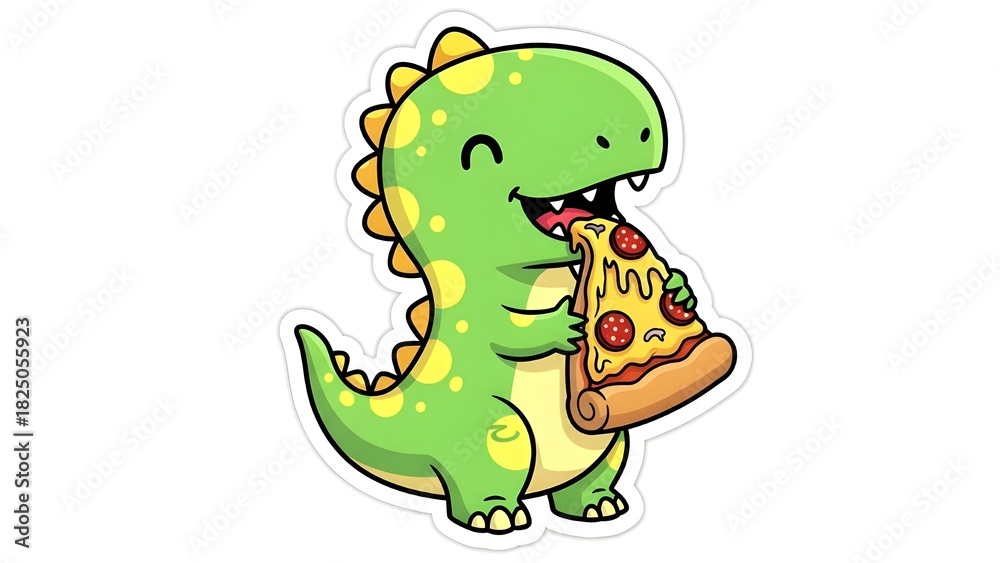 Fototapeta premium A cute, stylized green dinosaur with yellow spots and spikes is happily eating a large slice of pepperoni pizza. It has a friendly, smiling expression and is drawn in a cartoon sticker style.