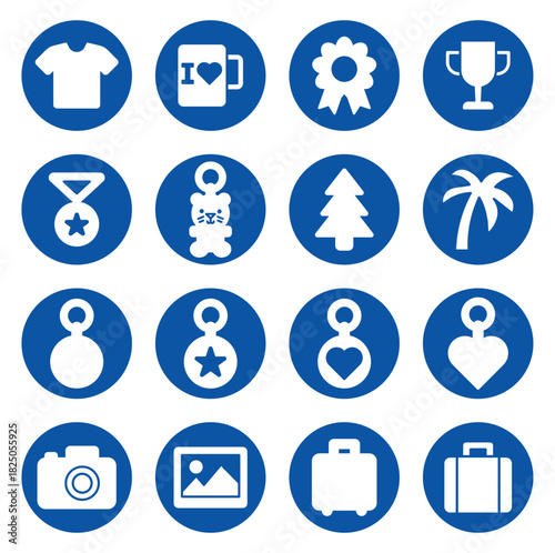 Blue Circular Icons of Various Objects and Symbols for Design and Decoration