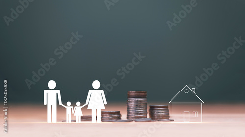 Family financial planning concept. Stacked of coins with family and a house outline icon. Symbolizing savings, insurance, investment, home ownership, budgeting and long-term economic security.