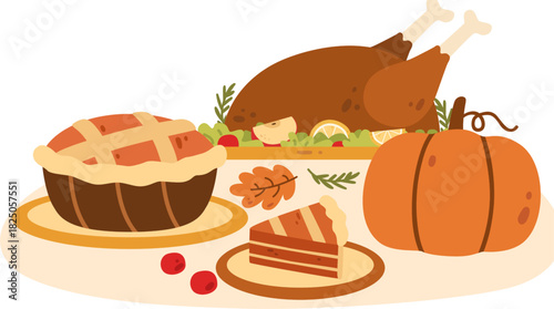Thanksgiving turkey dinner with pumpkin pie and autumn elements, Festive cartoon illustration