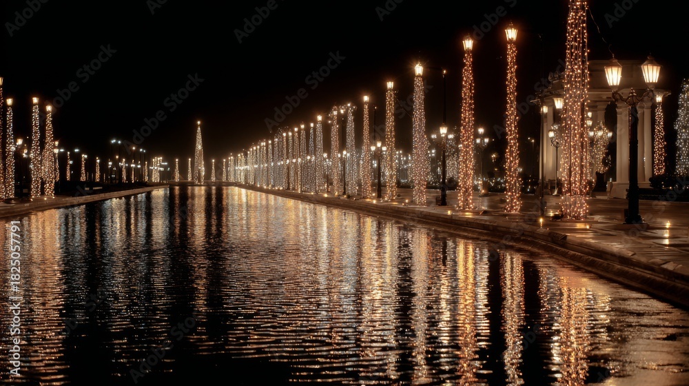 Fototapeta premium Stunning illuminated pathway along a serene waterway during night time festivities