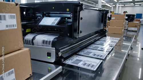 A low-angle video shot of a modern industrial printer in action, printing shipping labels in a busy warehouse setting with boxes nearby.