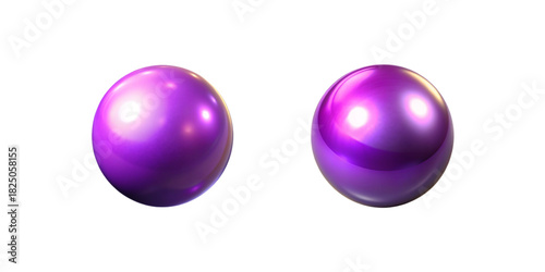 Two glossy purple metallic spheres isolated on transparent background. Rich violet chrome finish with bright white highlights and subtle pink-magenta reflections.