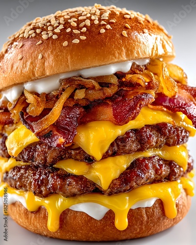 Buttery brioche bun holding two seared patties, golden cheddar, and sweet caramelized onions